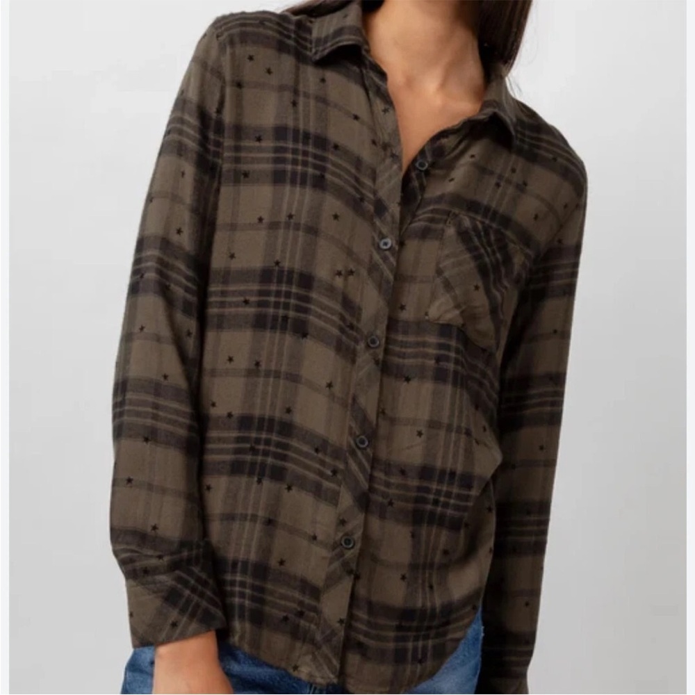 NWOT Rails Shirt Women's Medium Hunter Olive Stars Plaid Soft Flannel Top Button